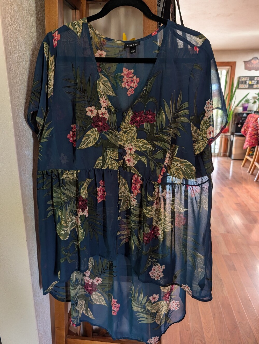 torrid Dark Teal Tropical Floral Sheer V-Neck Tunic High Low Button Down